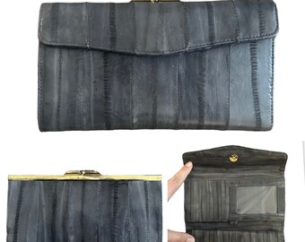 Vintage 1980s gray eel skin & gold tone metal wallet or clutch with pouch and checkbook insert