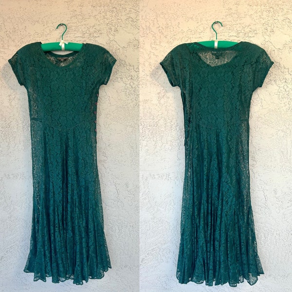 Vintage 1990s NOSTALGIA verde pura encaje floral de manga corta maxi vestido de dos piezas con botones laterales y slip, tamaño mediano