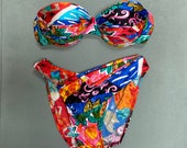 Vintage 1990s GOTTEX 39 Crazy Coastal 39 beach print strapless high-cut bikini, size D cup Medium