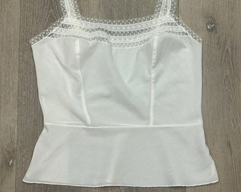 Vintage 1960s white lace-trimmed peplum waist spaghetti strap tank top, size Small Medium