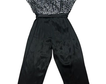 Vintage late 1970s / early 1980s H CHEMINEE sequined satin jumpsuit w/ sash, size 6