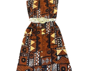 Vintage 1950s 1960s ROYAL HAWAIIAN brown / yellow / white cotton barkcloth tiki print dress / sarong / bathing suit cover-up