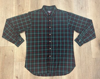 Vintage 1960s PENDLETON green, red, & gold plaid wool collared button-down shirt , size Large