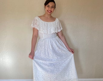 Vintage 1970s LANZ ORIGINALS white scalloped lace off the shoulder boho hippie maxi wedding dress, size 6