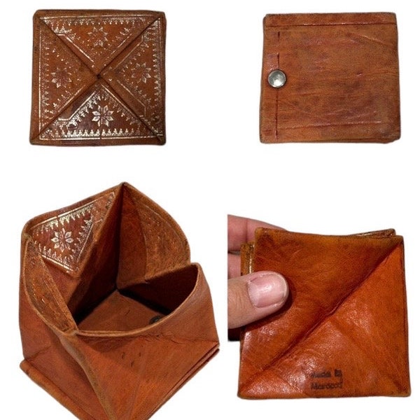 Vintage 1990s Moroccan honey / tan leather  origami wallet w/ gold embossed designs