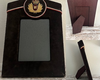 Vintage 1940s brown suede picture frame w/ metallic gold beaded embroidered British Royal Navy emblem & 'W' initial