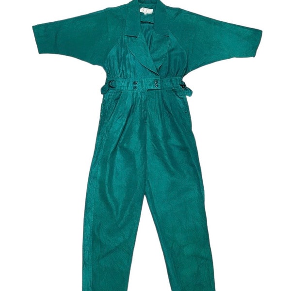 Vintage 1980s PLATIUNUM by DOROTHY SCHOELEN emerald green collared, dolman, tapered jumpsuit, size 8 / 10