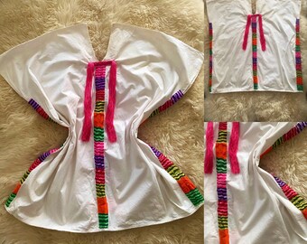 Vintage 1970s heavily embroidered rainbow striped fringed mini canvas Mexican kaftan dress / tunic, One Size