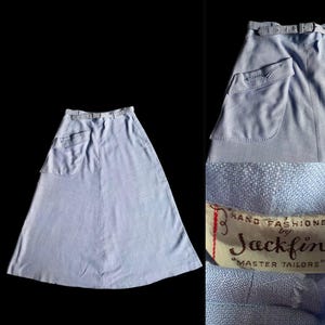 Vintage 1950s JACKFIN Master Tailors baby blue linen blended western inspired belted a-line pin-up skirt, size Small