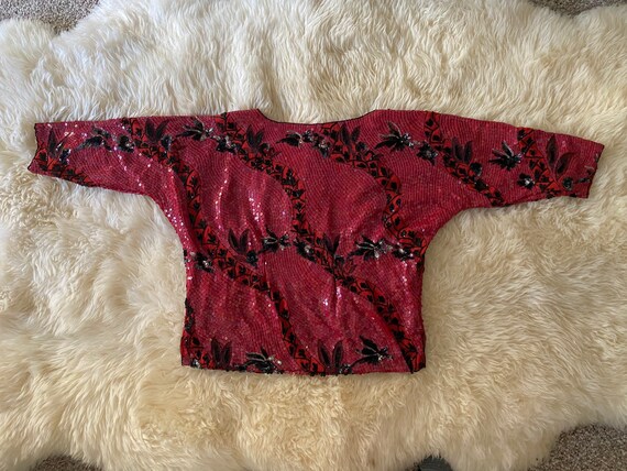 Vintage 1970s 1980s red & black sequined floral l… - image 4