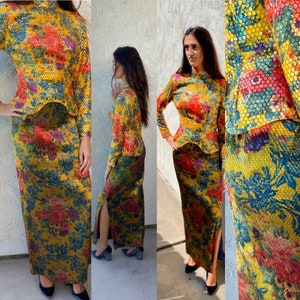 Vintage 1990s yellow, pink, & blue floral sequined and woven two piece novelty custom made blouse / skirt set, size XS