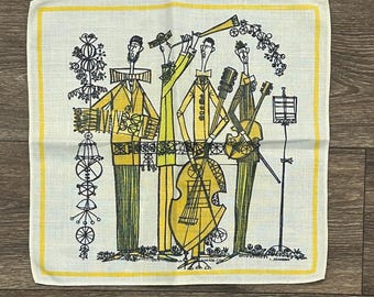 Vintage 1950s yellow elongated stick figure quartet linen handkerchief