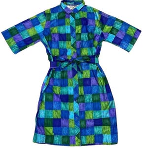Vintage 1950s LOIS RUSSELL Malhini Sportswear blue & green checkered button down belted shirtdress, size Medium