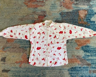 Vintage 1980s ROPER red & white tribal animal print button-down collared shirt, size Small / Medium
