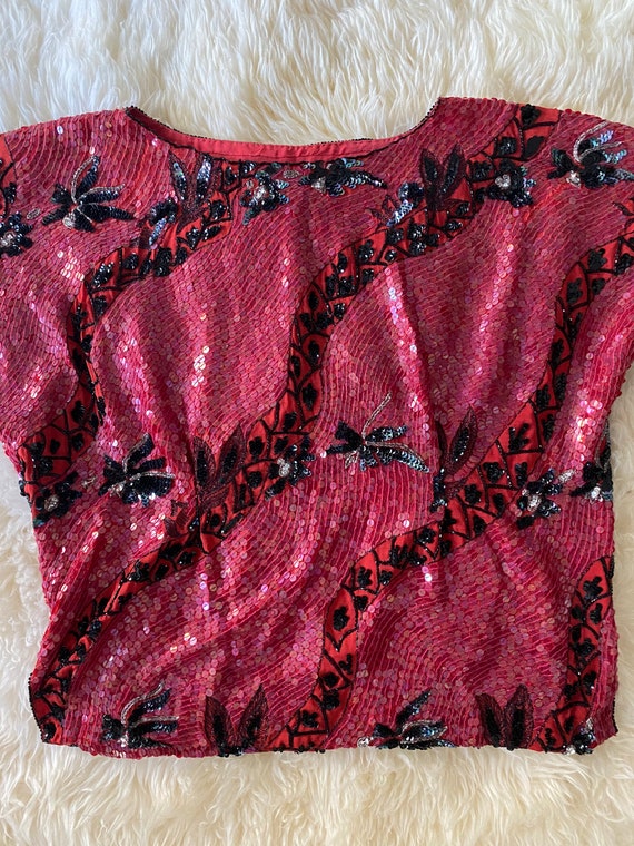 Vintage 1970s 1980s red & black sequined floral l… - image 2
