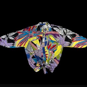 Vintage 1980s vibrant floral lightweight Indian cotton tie-front dolman sleeve blouse, size Large / XL