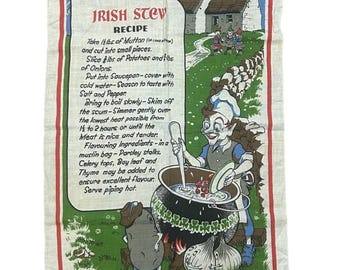 Vintage 1960s 1970s NELSON 'Irish Stew' kitschy anthropomorphic linen tea towel