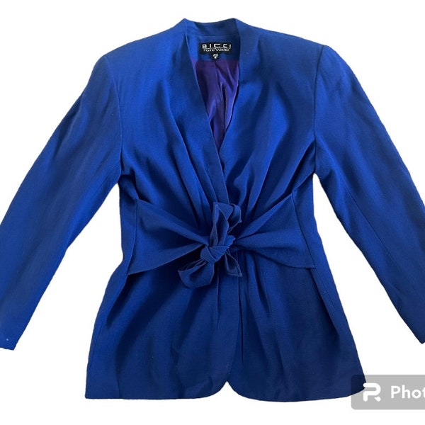 Vintage 1980s does 1940s BICCI by Florine Wachter royal blue belted wool blazer w/ pleating, size Medium