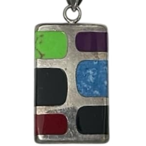 Vintage 1980s 925 sterling silver modernist color bock gemstone rectangular necklace pendant