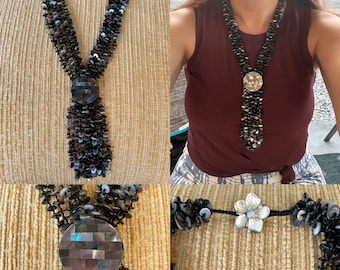 Vintage 1990s SAJEN abalone seashell beaded multi-strand fringe statement necklace