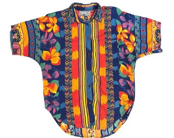 Vintage 1980s SORREL INTERNATIONAL bright color block floral print button down blouse / shirt, size Medium