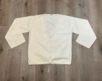 Vintage 1970s ACAPULCO PACIFICO off-white canvas linen long-sleeved v-neck shirt, size Large