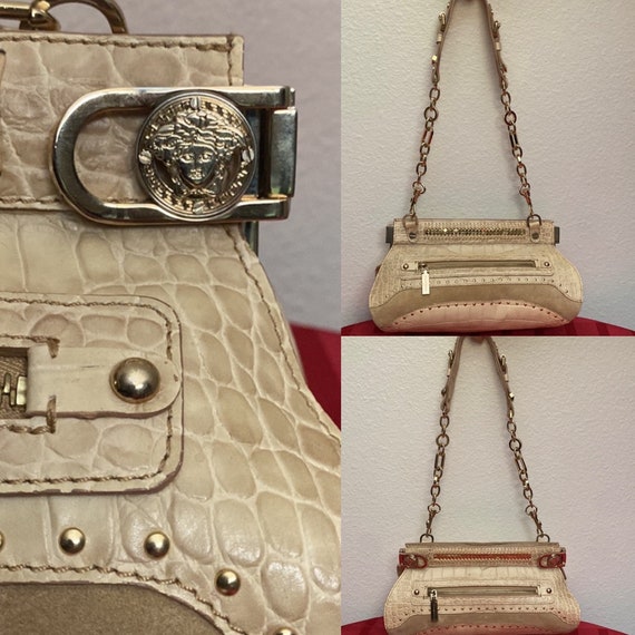 Vintage Y2K Rare VERSACE Beige Suede & Croc Embossed