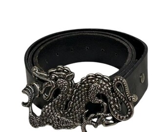 Vintage early 2000s RED MONKEY black leather belt w/ silvertone dragon belt buckle