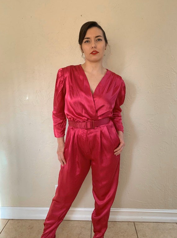 Vintage 1980s SCARLETT hot pink liquid satin plung