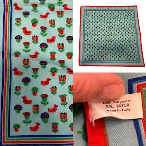 Vintage 1960s red, blue, & green kitschy mushroom, flower, and bird print scarf