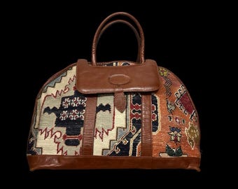 SALE - Vintage 1990s BELINDA Turkish Kilim rug overnight bag w/ brown leather trim