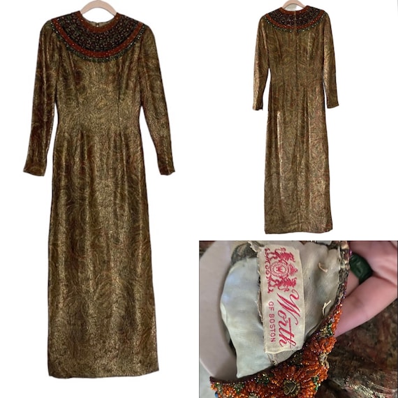 Vintage 1960s WORTH OF BOSTON gold & green iridescent lame long sleeved formal dress w/ heavily beaded fringed collar, size 2/4
