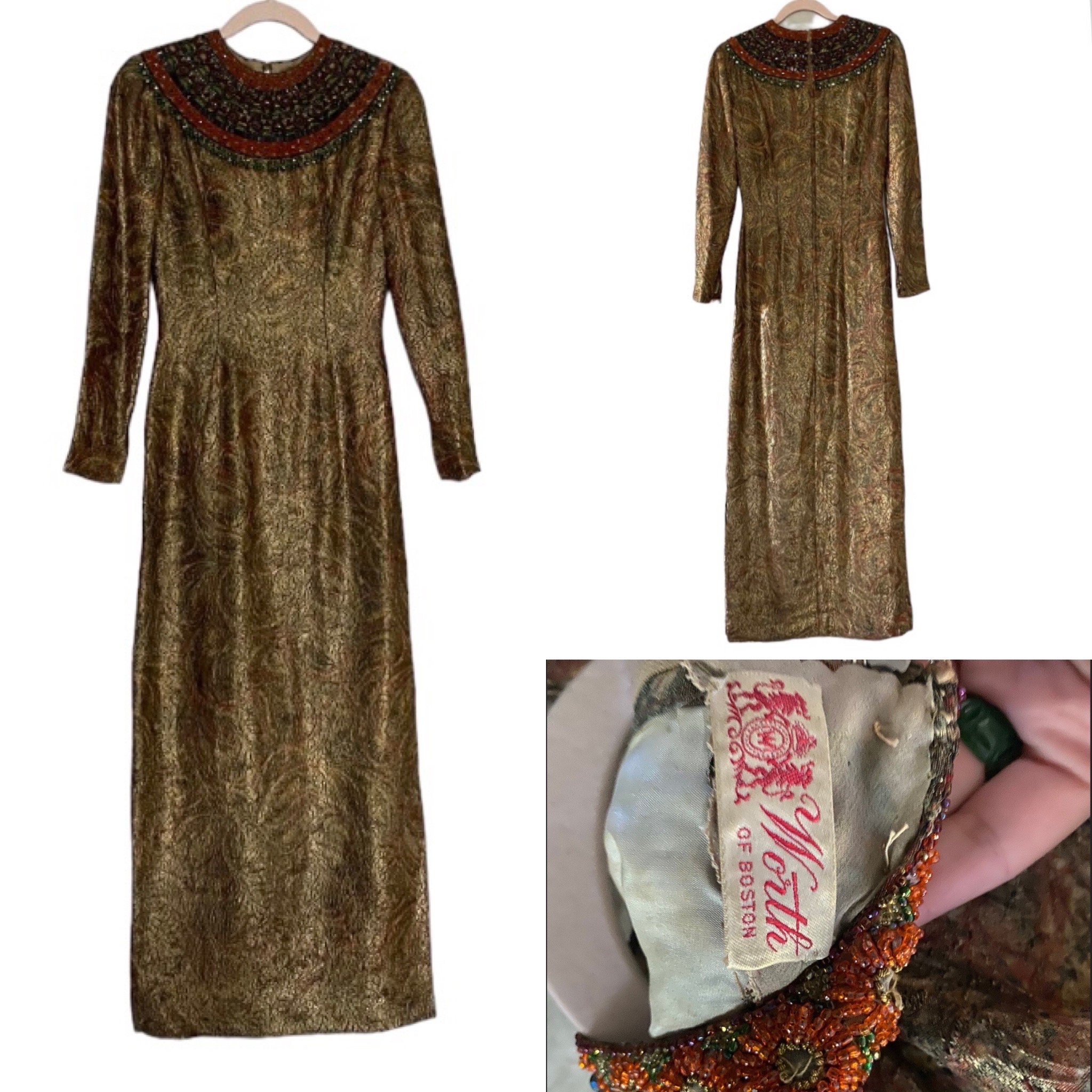 Vintage 1960s WORTH OF BOSTON gold & green iridescent lame long sleeved formal dress w/ heavily beaded fringed collar, size 2/4 Vintage 1960s WORTH OF BOSTON gold & green iridescent lame long sleeved formal dress w/ heavily beaded fringed collar, size 2/4