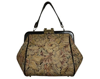 Vintage 1940s 1950s floral print tapestry style top handle satchel / doctor bag w/ leather strap & brass hardware