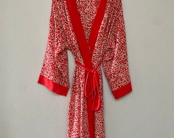 Vintage 1980s JOSIE by NATORI red and tan abstract kimono style wrap / robe, One Size