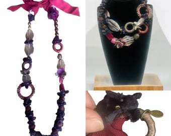 Vintage rare late 1990s / early 2000s LEE ANGEL mixed media chunky gemstone beaded & velvet textured tie-around necklace / belt