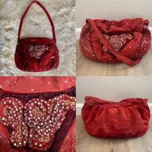 Vintage 1980s RITA DIANA for MYLINKA novelty red leather & suede rhinestone floral embellished shoulder bag / purse