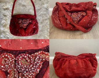 Vintage 1980s RITA DIANA for MYLINKA novelty red leather & suede rhinestone floral embellished shoulder bag / purse