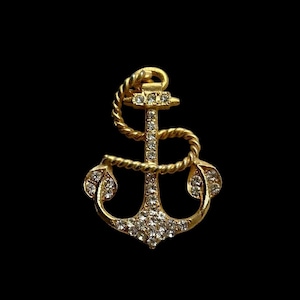 Vintage 1980s goldtone rhinestone nautical anchor pin / brooch