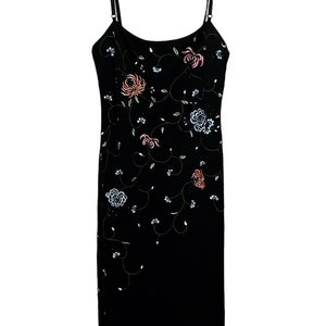 Vintage BCBG MAX AZRIA slinky black floral embroidered spaghetti strap midi dress, size Small