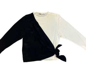 Vintage 1980s LIZ CLAIBORNE black & white two-tone wrap style silk blouse, size Medium / Large