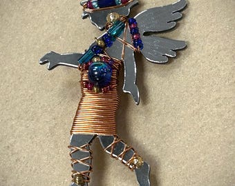 Vintage early 2000s LIZTECH Woodland Sprite brooch, mirrored, beaded, & copper wire wrapped