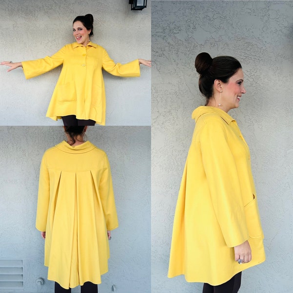 Vintage early 2000's VALENTINO bright yellow collared wool trapeze coat, size Large