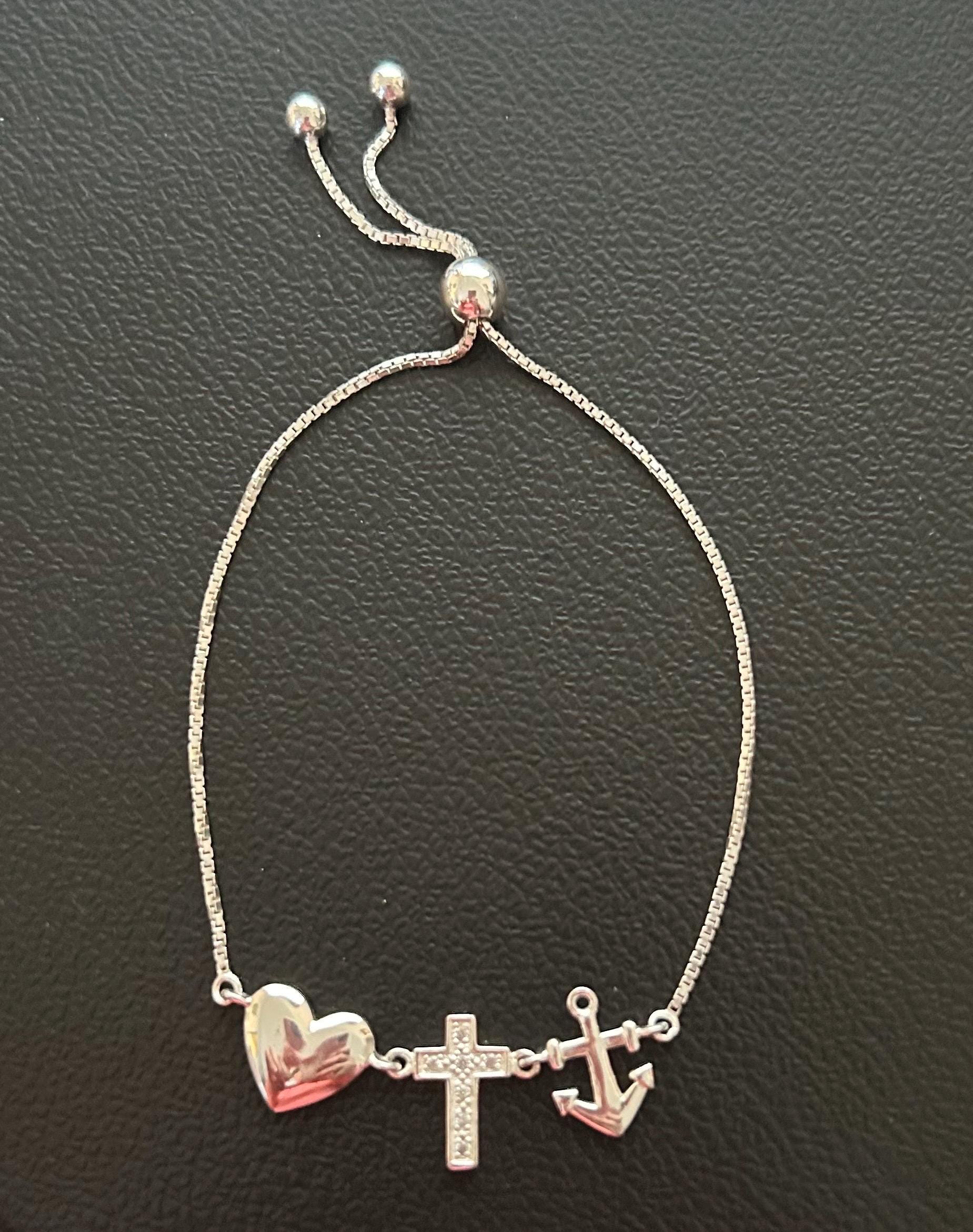 Vintage Y2k Early 2000's 925 Sterling Silver Faith, Hope, & Charity Adjustable Slide Box Chain Bracelet, One Size Vintage Y2k Early 2000's 925 Sterling Silver Faith, Hope, & Charity Adjustable Slide Box Chain Bracelet, One Size