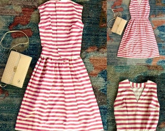 Vintage 1950s pink & white horizontal striped a-line dress w/ matching jacket, size XXS / XS