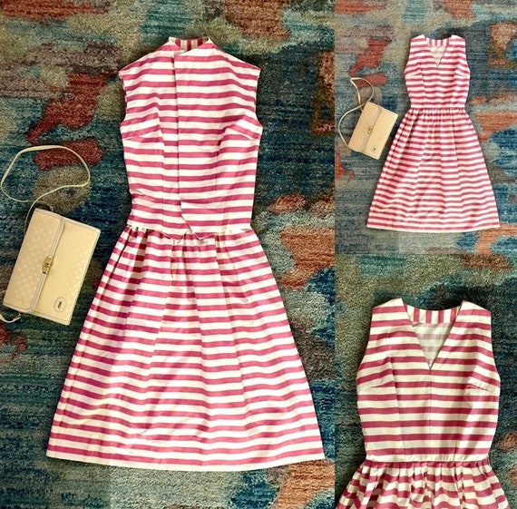Vintage 1950s pink & white horizontal striped a-l… - image 1