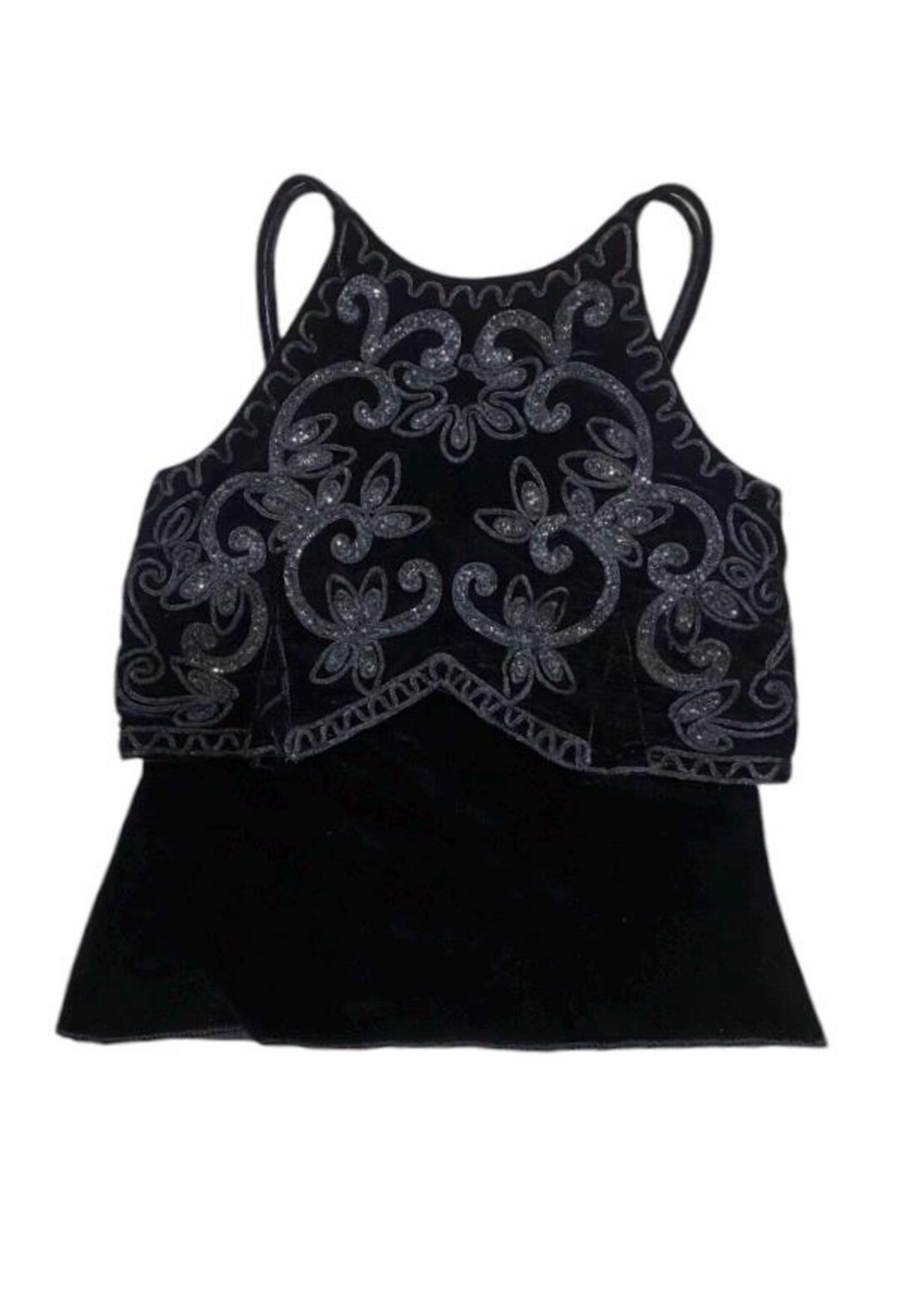 Vintage 1990 Y2K Black Velvet Tank Top With Glitter & Corde
