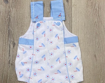 Vintage TINY TOTS ORIGINAL white, baby blue, and red terry cloth one piece romper, size 6-9 months