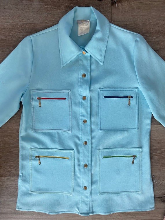 Vintage 1970s KING JAMES baby blue snap-up shirt … - image 4