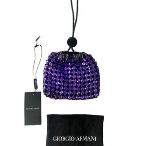 Vintage NWT 1,525 early 2000&#39;s GIORGIO ARMANI purple rhinestone mesh wristlet style evening bag w/ duster